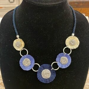 Vintage Navy Blue Rope Flower Floral Choker Collar Pendant Statement Necklace